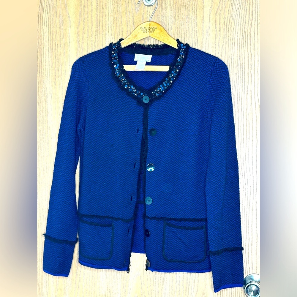 Bibelot Blue Women's Merino‎ Wool Blazer Style Cardigan Sweater Small RARE
